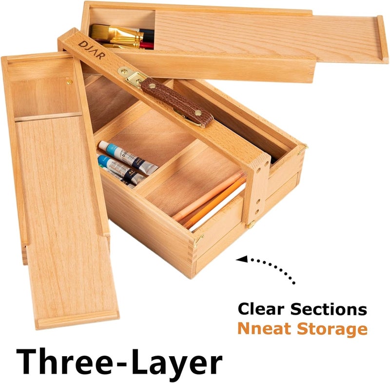 Dajar Multi-Function Art Tool Box, Portable Foldable Beech Wood Artist Supply Storage Box for Pastels, Pencils, Pens, Markers, Brushes, Natural - Image 4